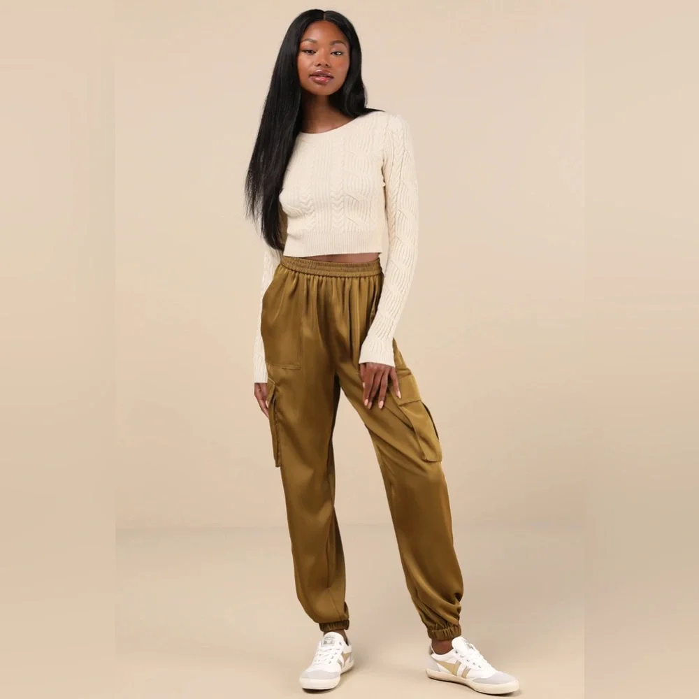 NWT Lulus Chic Dedication Olive Green Satin High-Rise Cargo Jogger Pants - Picture 4 of 7
